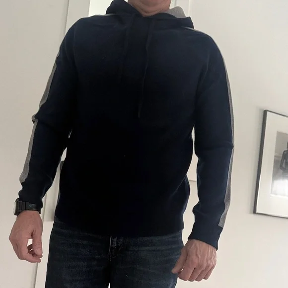 Theory Navy Hoodie Sweater with Gray Stripes
